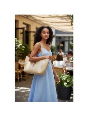 NWT Cavalli Class Sandra Shopper Tote Logo Shoulder Bag Almond Buff